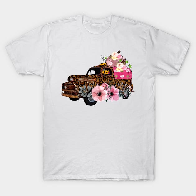 Thanksgiving Fall Leopard Old Truck Pumpkins & Flowers Women T-Shirt by William